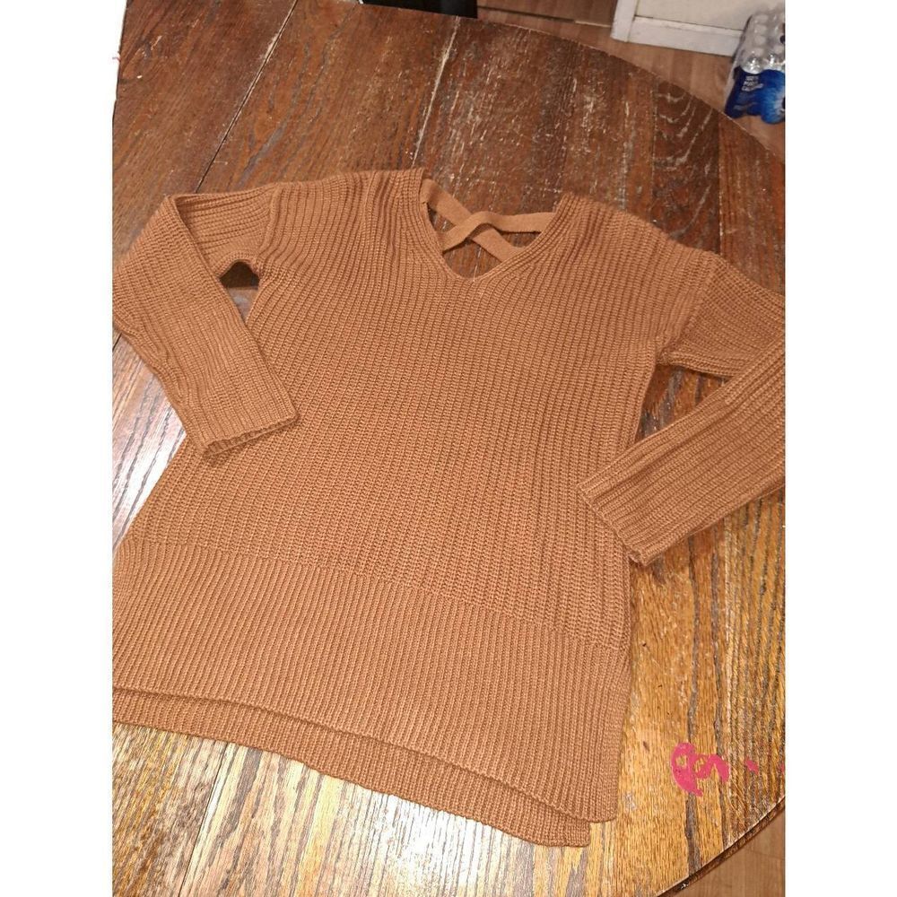 Small Pink Rose Brown Long Sleeve Criss Cross Back Loose Knit Pullover Sweater